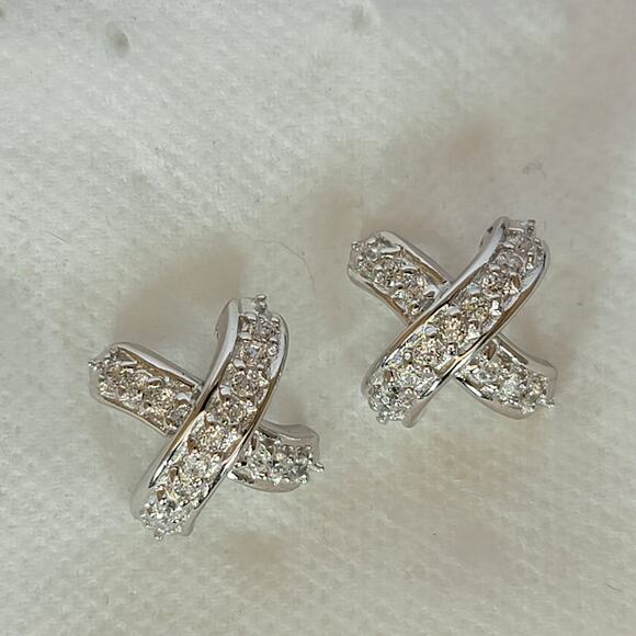 Sterling Silver CZ Earrings 1 Inch Criss Cross X Studs Sparkle Jewelry - Picture 9 of 10